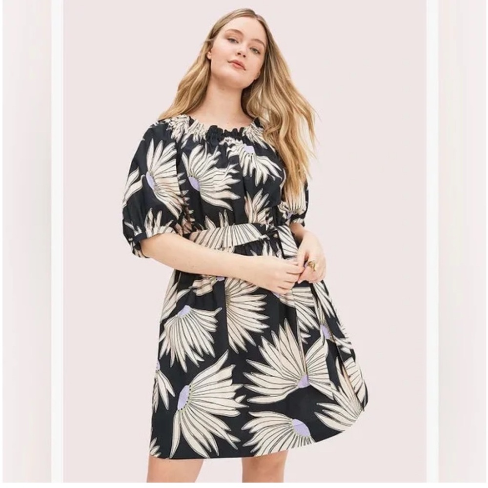 NWOT - Kate Spade floral dress - XL - black / cream purple detail & puff sleeves